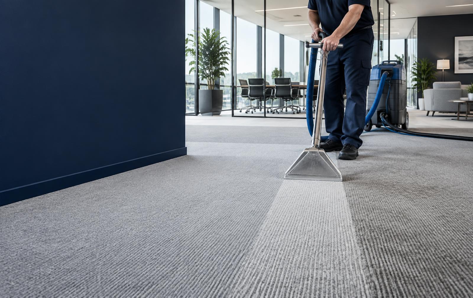 Specialist deep cleaning a carpet in a modern home